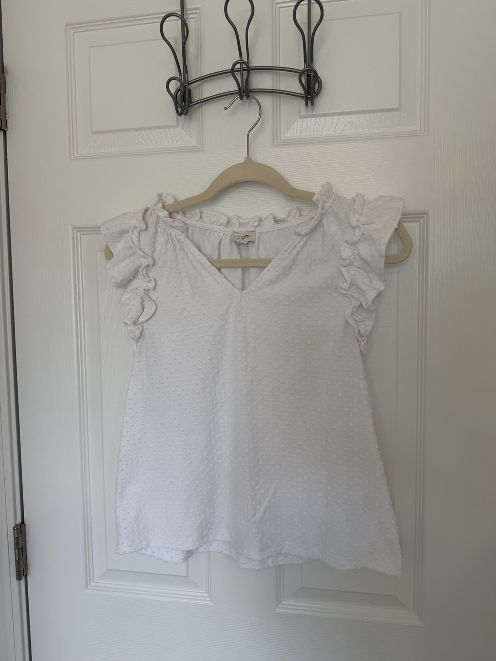 J.Crew White Ruffle Sleeve Swiss Dot V-Neck Top